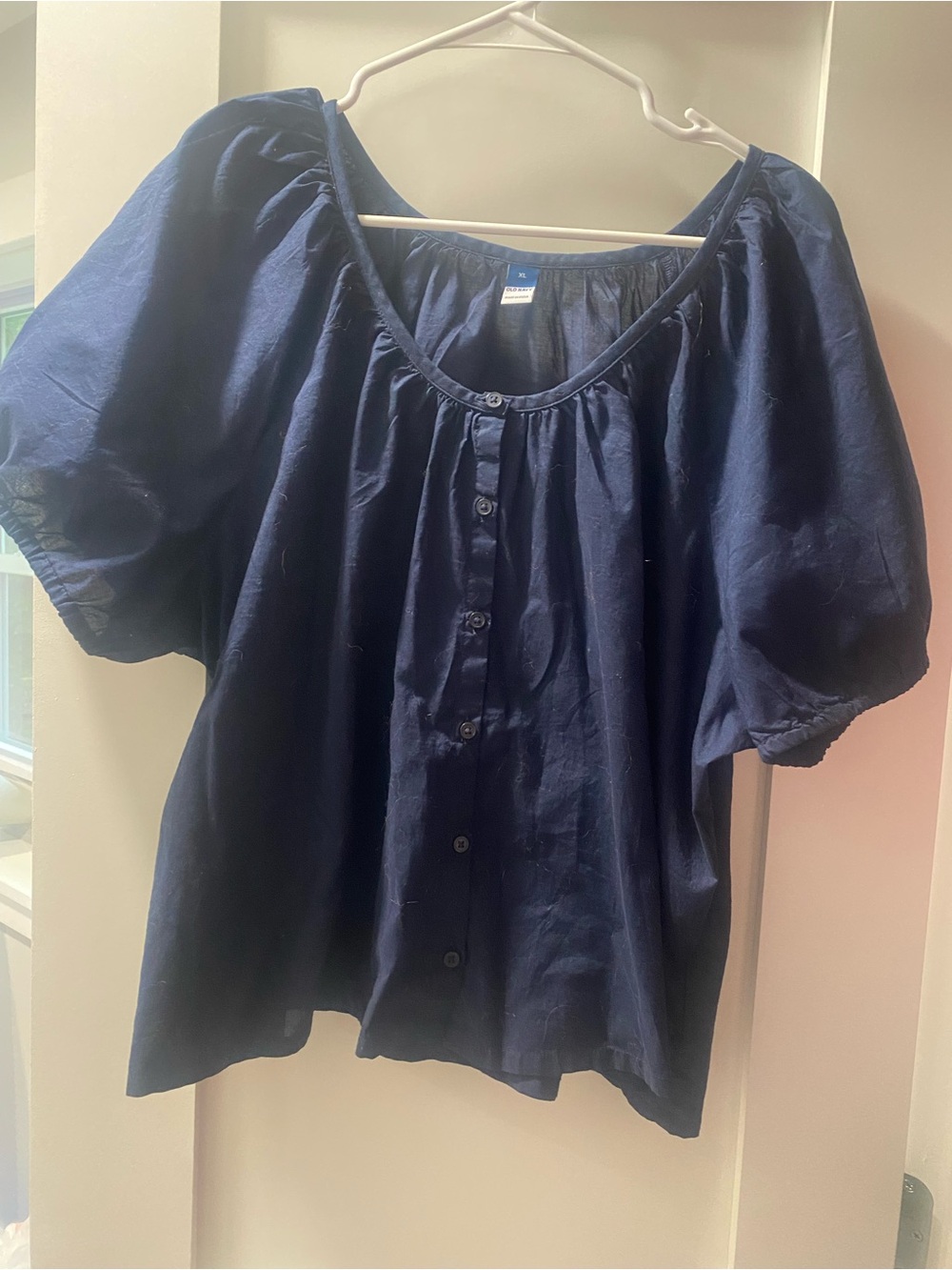Old Navy Navy Button-Front Puff Sleeve Top